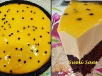 Delicioso bolo de chocolate com mousse e calda de maracuj�.