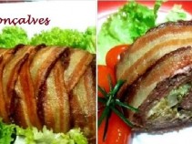 Rocambole de carne mo�da com br�colis, mu�arela e bacon